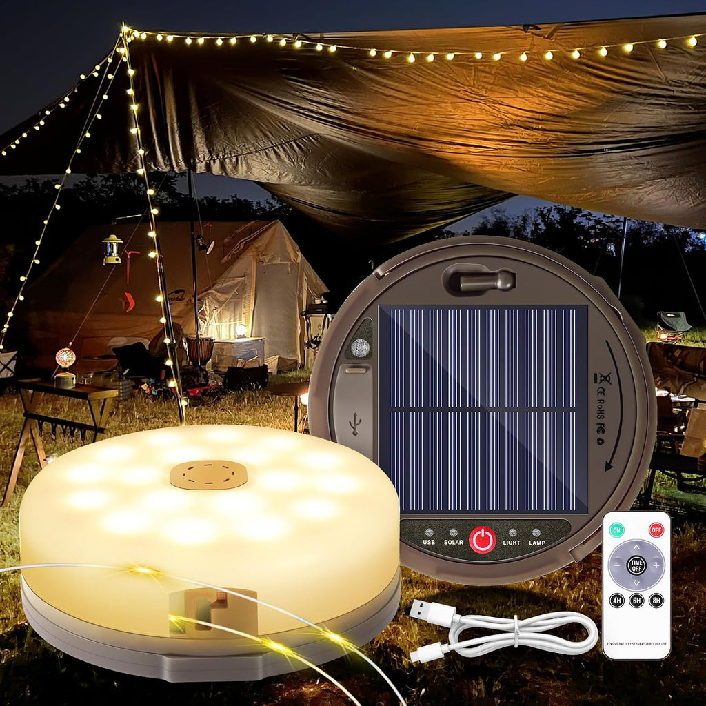 Camping String Light 4 in 1 Retractable 42ft Solar /USB Rechargeable 3600mAh Waterproof Hanging Outdoor Camping Lantern with 8 Lighting Modes, Portable Tent Lights for Hiking, Yard, RV (Warm Light)