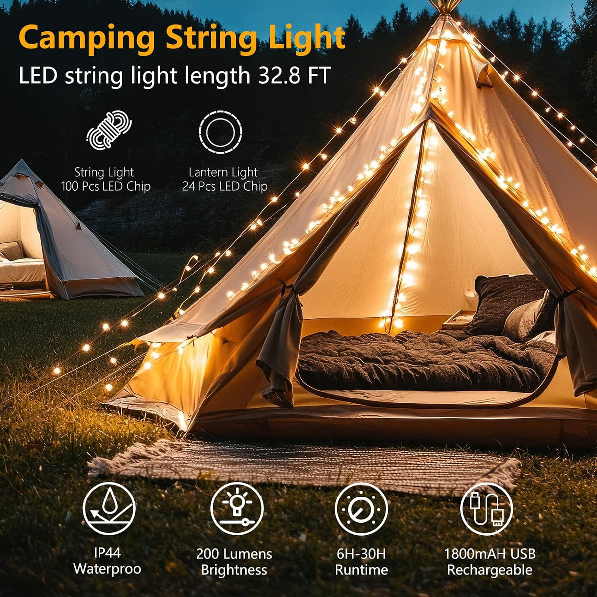 Camping String Light,32.8FT Rechargeable LED Lights with 8 Modes, Waterproof Portable Outdoor Tent Lights for Patio Garden Party Decor, Hanging Lanterns for Canopy Backyard Campground