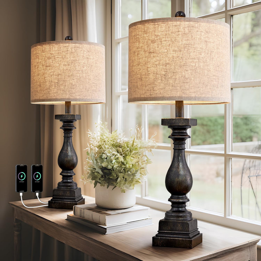 2-Pack 27" Farmhouse Table Lamps, USB A+C Ports, Vintage Rustic Black, for Bedroom, Living Room, Nightstand, Side Table