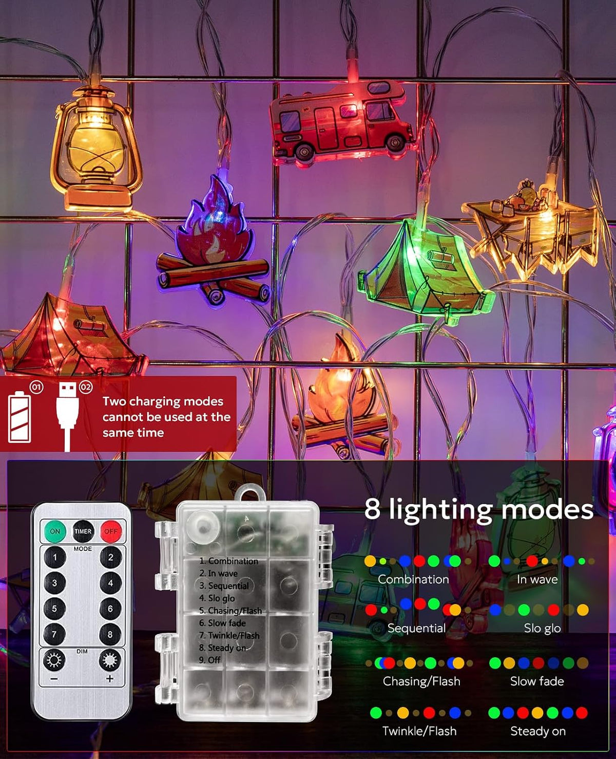 20 LED Camping String Lights - Battery and USB Operated, Mini Kerosene Waterproof Outdoor String Lights Perfect for Camping Decorations, Outdoor, Christmas, Party and Classroom(Color)