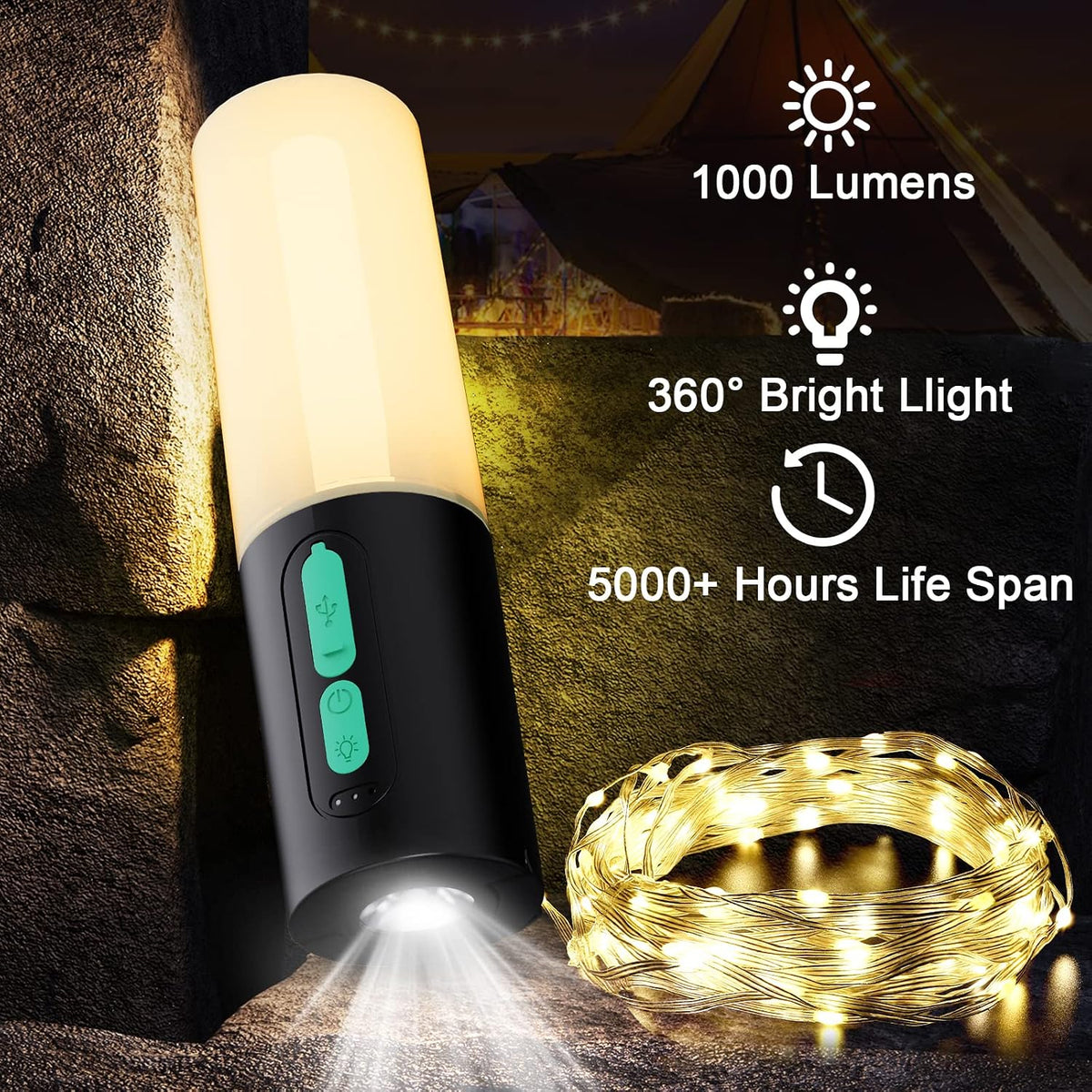 Camping String Lights, 33Ft With Lanterns (4 in 1 Design), 4000mAh Charger, 7 Modes, IPX6 Waterproof, Rechargeable Flashlights for Outdoor, Hiking