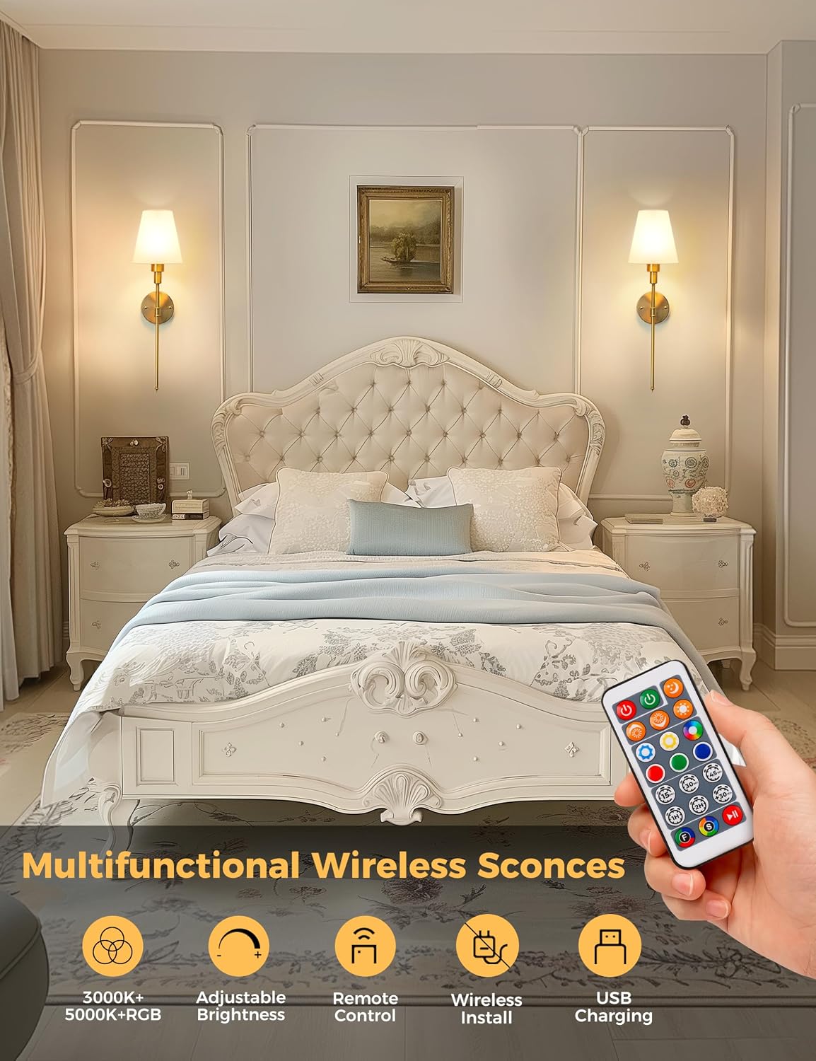 2-Pack Battery-Operated Rechargeable Wall Sconces, Wireless, Remote Control, Dimmable & Adjustable, Gold, for Bedroom, Living Room