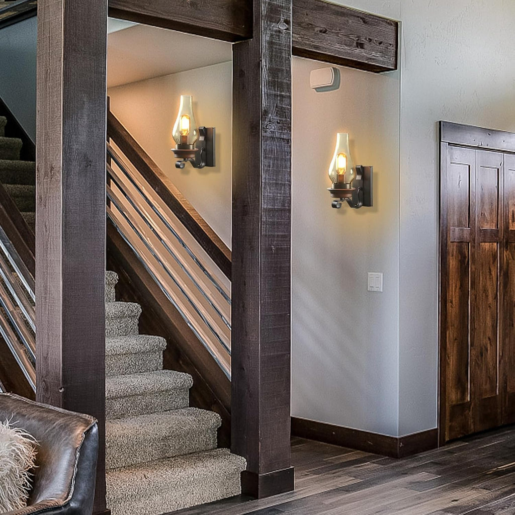 2-Pack Rustic Farmhouse Wall Sconces, Industrial Glass, for Cabin, Bedroom, Living Room, Hallway, Fireplace