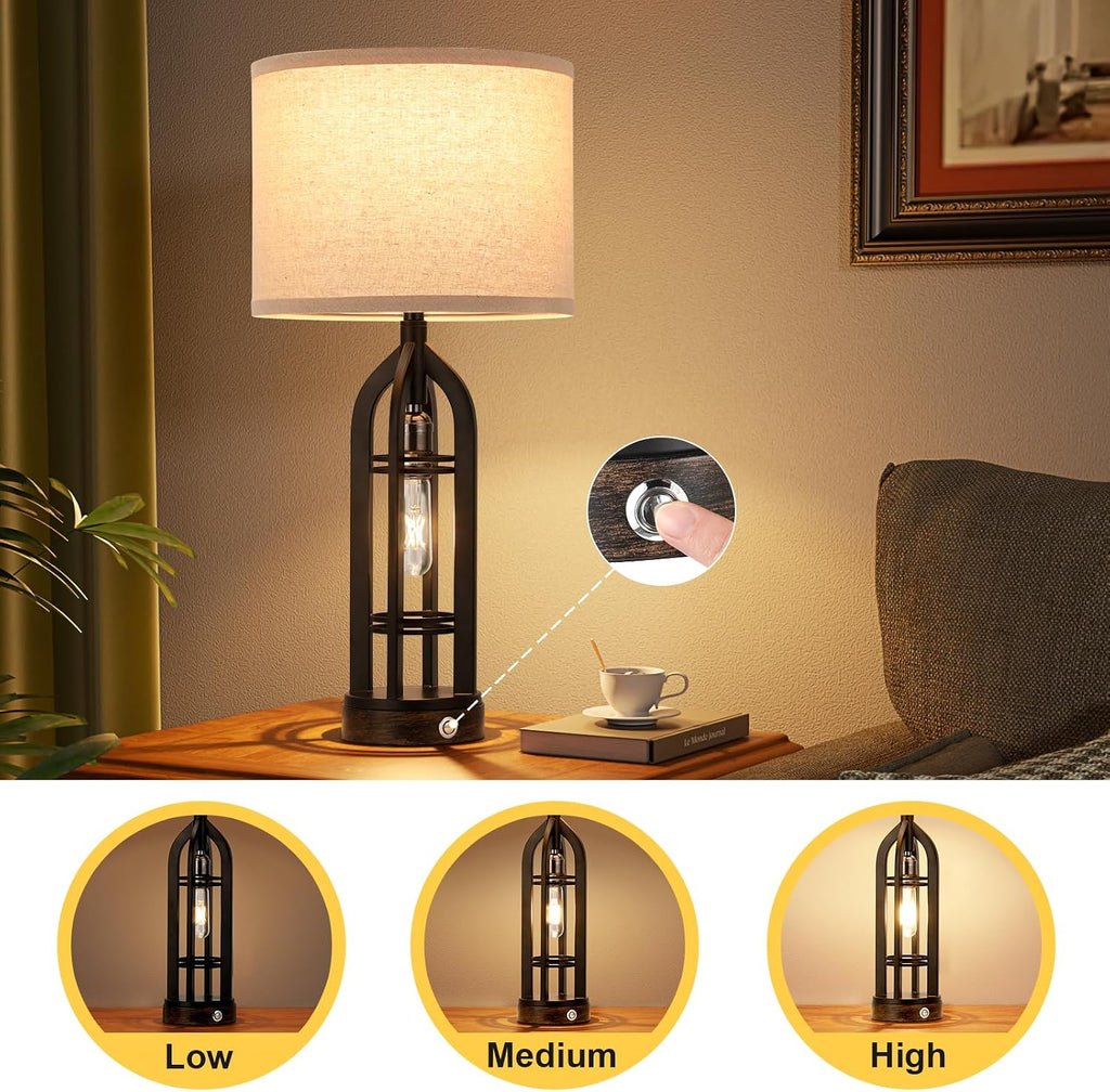 2-Pack 3-Way Dimmable Farmhouse Table Lamps, USB C+A & Outlet, Rustic Industrial Design, for Living Room Nightstands, Bedroom End Tables