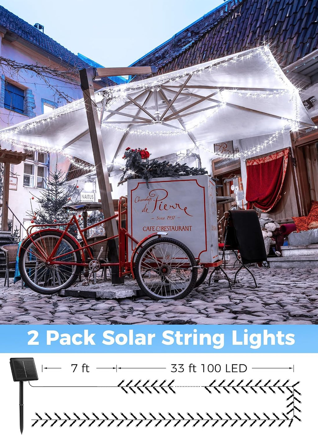 Solar String Lights Outdoor, 2 Pack Total 80 FT 200 LED Solar Powered String Lights with 8 Lighting Modes, Waterproof Patio Lights, Outdoor Solar Lights for Outside Tree Balcony Gazebo, Pure White