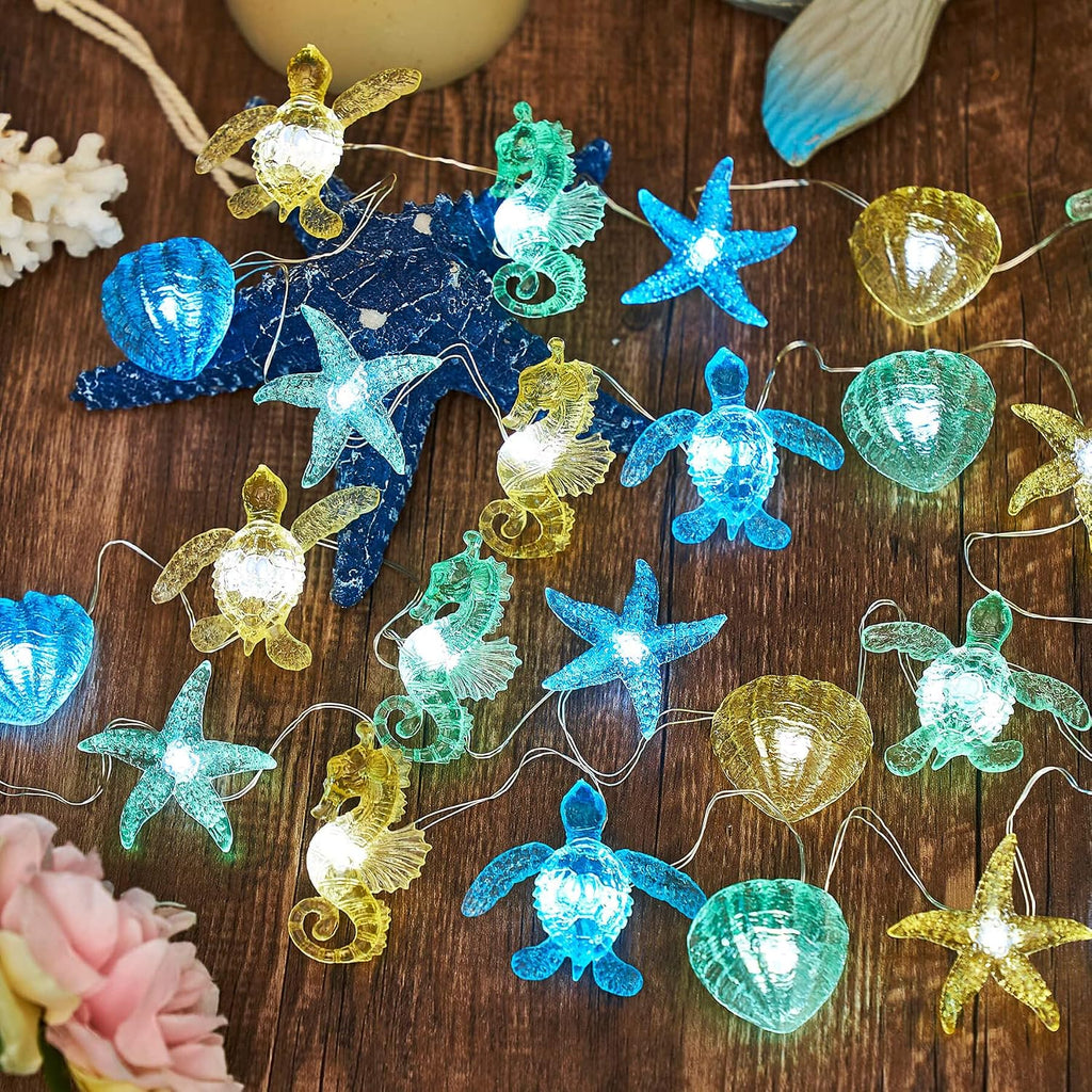 Ocean Beach Themed Sea Life Cute Fairy Decorative String Lights Battery Operated, Seahorse Starfish Sea Turtle Clam Nautical Rope Lights Lit by 30 LEDs 10 ft for Holiday Camping Mermaid Wedding
